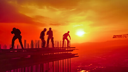 Fototapeta premium Construction workers are captured in mid-action, silhouetted against a vibrant sunset, showcasing their determination and skill on a towering steel structure