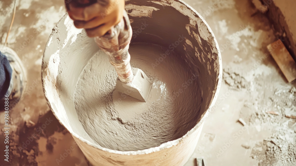 Poster a worker skillfully blends water and white cement to create a self-leveling mixture, preparing for c