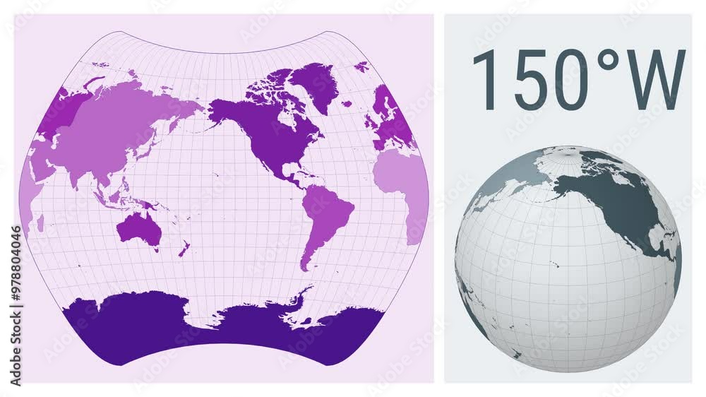 Poster world map animation. larrivee projection. colored continents style. animated world map in larrivee p