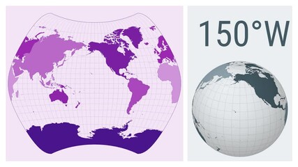 World Map Animation. Larrivee projection. Colored continents style. Animated world map in Larrivee projection. Loopable animation showing longitude shift and matching globe.