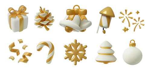 Christmas 3D vector gold elements and decorations collection. Gift box, candy cane, snowflake, pine tree and cone, fireworks, holiday bells, confetti and ornament. 