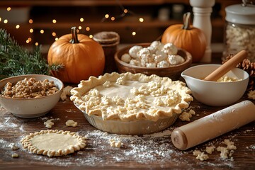 Fototapeta premium Cozy autumn baking scene with unbaked pumpkin pie and seasonal ingredients