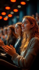People clapping in a conference hall with joyful expressions