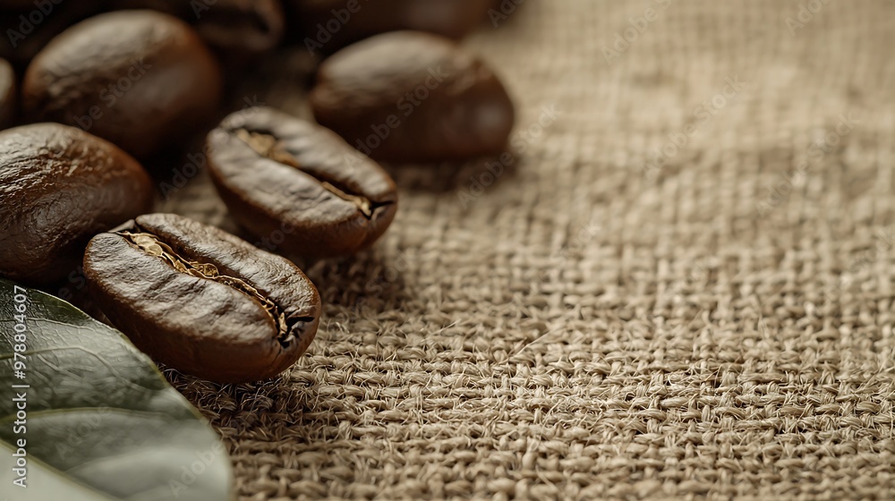 Poster border from coffee beans and laurel leaves on a sacking hessian burlap background : generative ai