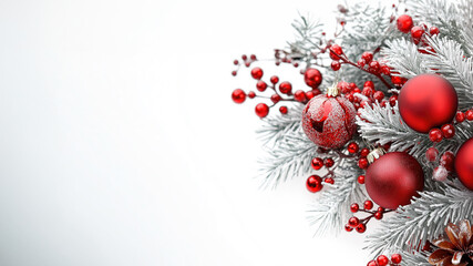 Fototapeta premium white christmas background with red balls and berries