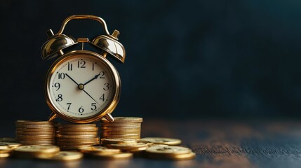 A bell alarm clock sitting on top of gold coins, emphasizing the concept of time being as valuable as money.