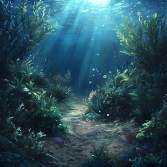 Naklejka premium Primary productivity in a lush marine environment, with phytoplankton thriving and supporting a rich underwater food web.