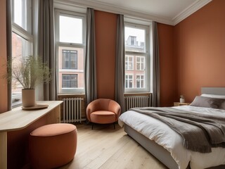 Modern Bedroom Interior with Orange Accents and Large Windows