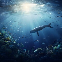 Naklejka premium Primary productivity visualized in a thriving ocean ecosystem, where sunlight fuels the growth of plankton, feeding fish, whales, and other marine life.