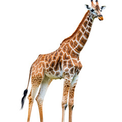 Fototapeta premium Majestic Giraffe Standing Tall in the African Savanna Graceful Ungulate with Distinctive Spotted Fur and Long Neck Surveying its Habitat