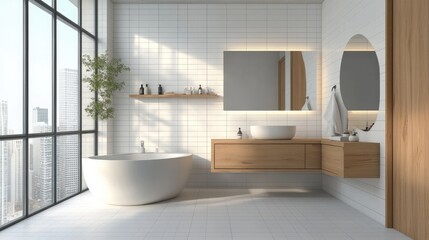 A contemporary minimalist bathroom with clean white tiles, wooden details, and cozy lighting, providing a warm