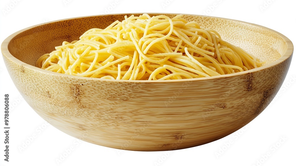 Poster dry uncooked pasta in a bamboo serving bowl isolated on white background : generative ai