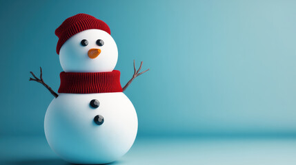 Fototapeta premium A cheerful snowman with button eyes and red hat stands against blue background