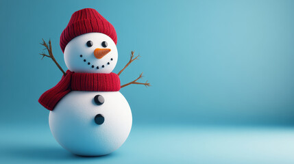 Fototapeta premium A cheerful snowman with button eyes and red scarf stands against blue background