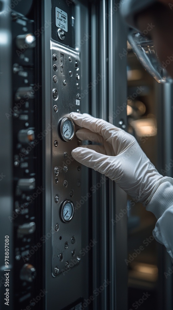 Poster scientist adjusting machine gauge in laboratory setting