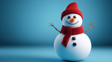 Fototapeta premium A cheerful snowman with button eyes and bright red scarf brings joy to winter