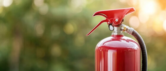 Obraz premium A close-up of a red fire extinguisher in nature. Essential safety equipment for fire prevention and emergency response.