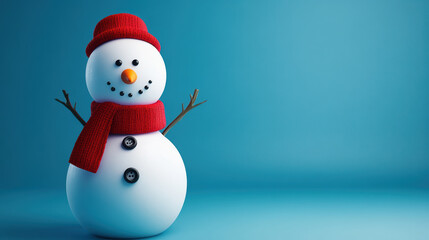 A cheerful snowman with button eyes and red scarf stands against blue background