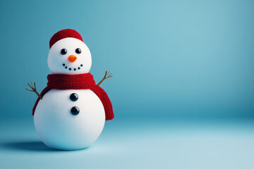 Fototapeta premium A cheerful snowman with button eyes and red scarf stands against blue background