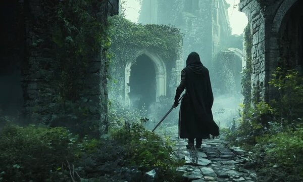 A solitary figure walks through the ruins of an ancient castle, enveloped in mist and mystery
