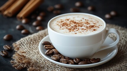 Fototapeta premium Delicious Coffee with Milk in a White Ceramic Cup on a Saucer Roasted Coffee Beans Cinnamon on a Sacking background : Generative AI