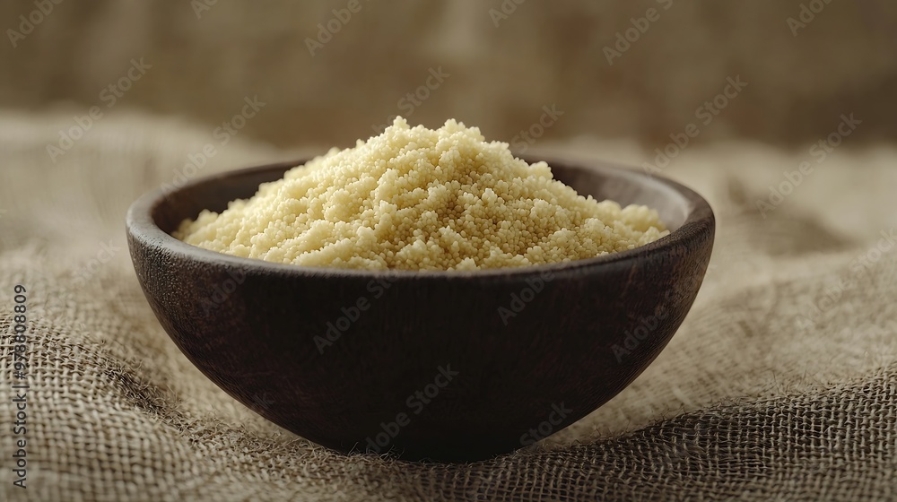 Poster millet in a serving bowl on a hessian background : generative ai
