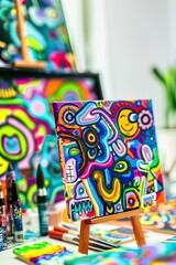 Colorful Painted Canvas on Wooden Table, Side View