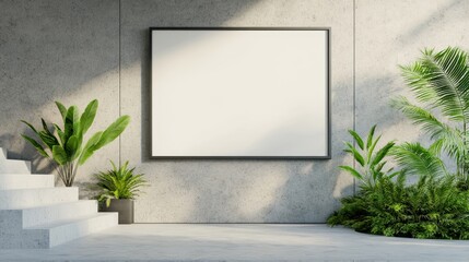 A modern interior space featuring a blank canvas, plants, and natural light, perfect for art displays and minimalistic design.