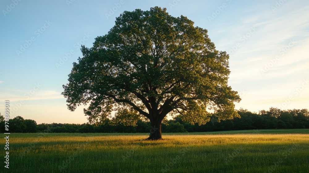 Poster a large tree in an open field at twilight, casting soft shadows under the fading light. focus on the