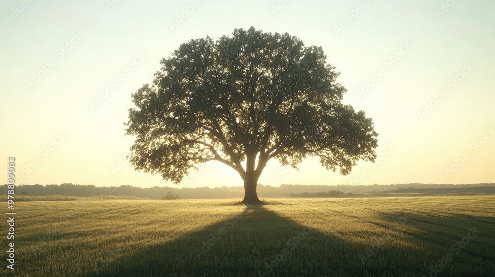 Poster a large tree in an open field, casting dramatic shadows in the soft light of dawn. focus on the natu
