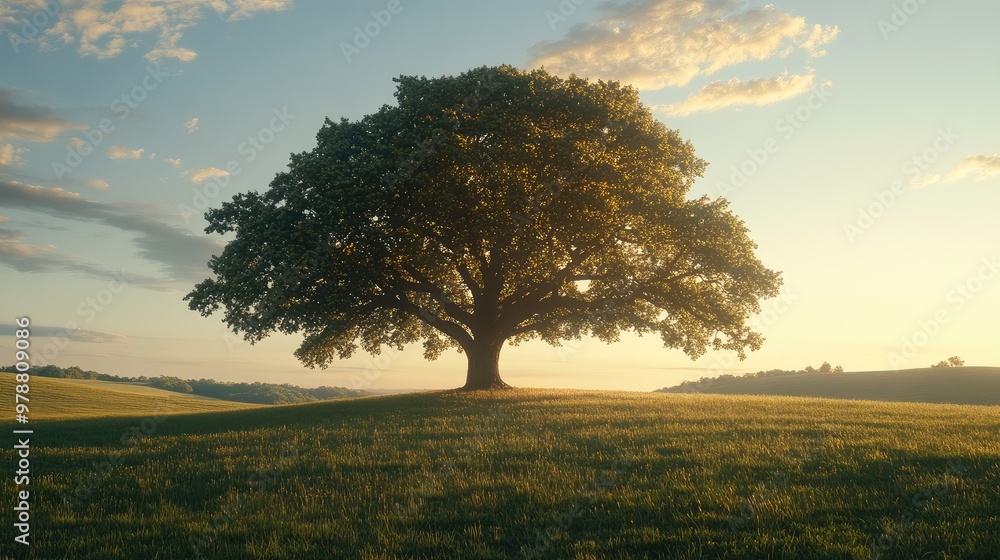 Poster a large tree in an open field at twilight, casting soft shadows under the fading light. focus on the