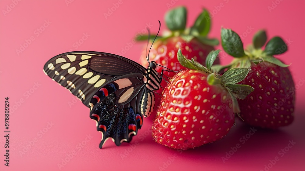 Poster two strawberries and butterfly on pink background : generative ai