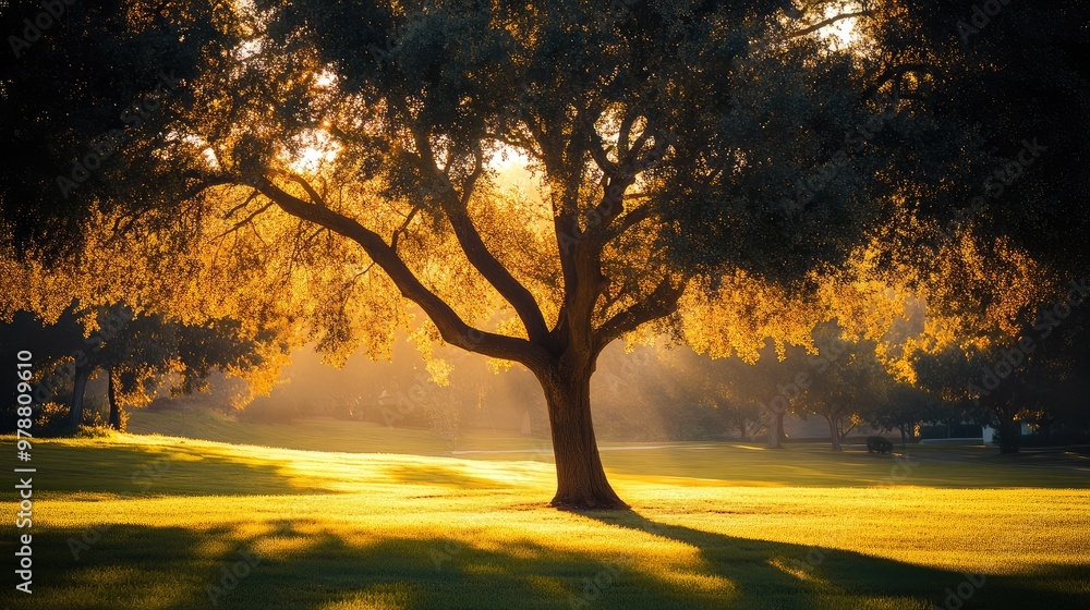 Wall mural a lone tree in a park, casting soft shadows under the golden hour light, with sunlight filtering thr