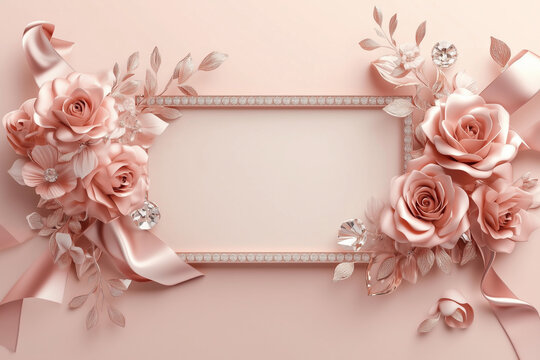Elegant quincea&ntilde;era card design with 3D pink roses, ribbons, and sparkling gemstones