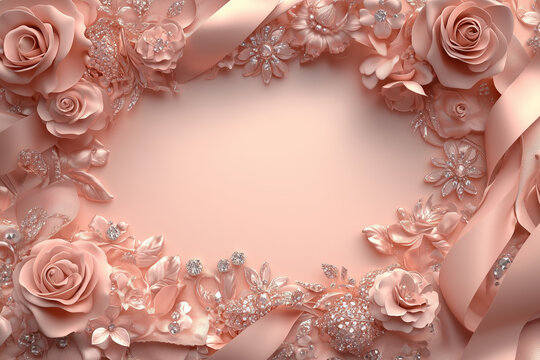 Elegant quincea&ntilde;era card design with 3D pink roses, ribbons, and sparkling gemstones