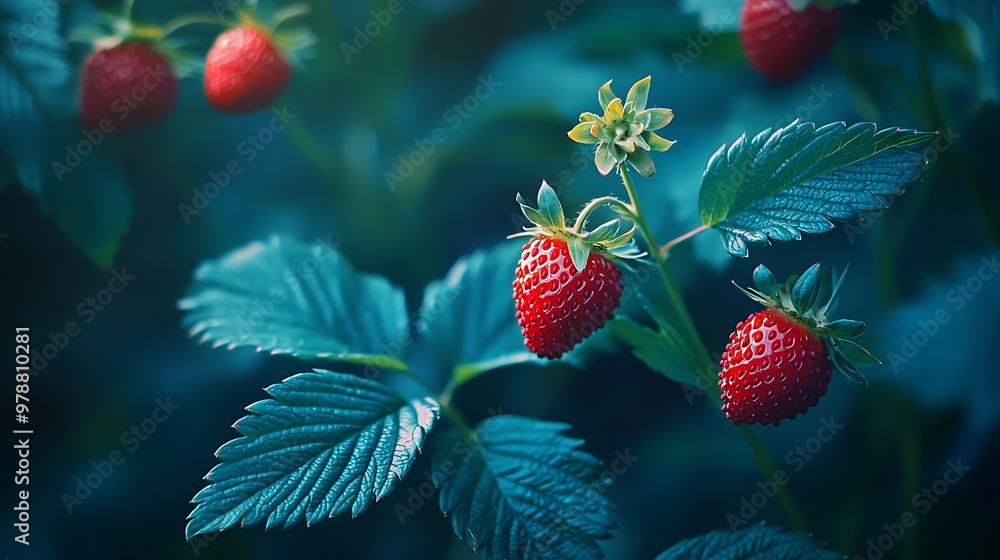 Poster red wild strawberry background top view : generative ai