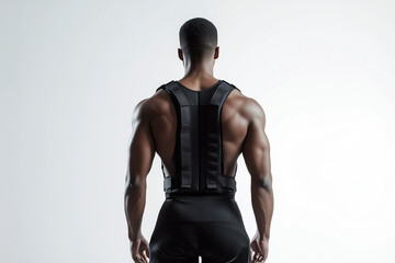 Fit Black man wearing a posture correction belt from the back in a minimalistic setting