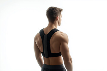 Fit young man wearing a black posture correction belt, side-back view