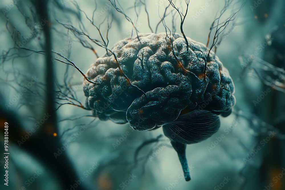 Poster a surreal depiction of a brain surrounded by neural connections in a dreamlike environment.