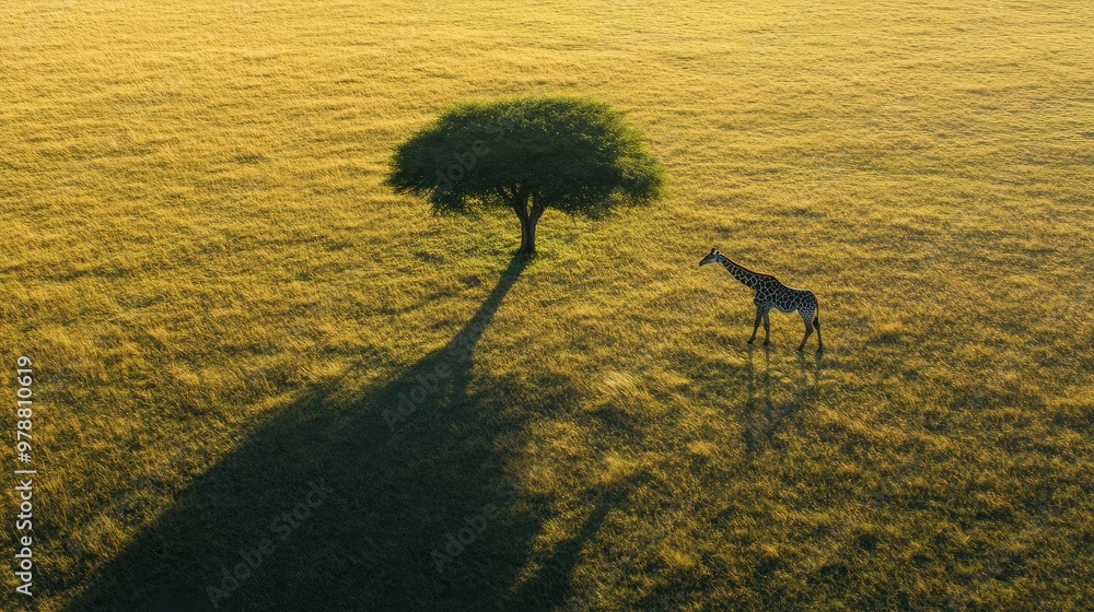 Wall mural a single tree in a grassy plain, its shadow stretching alongside the shadow of a giraffe in the late