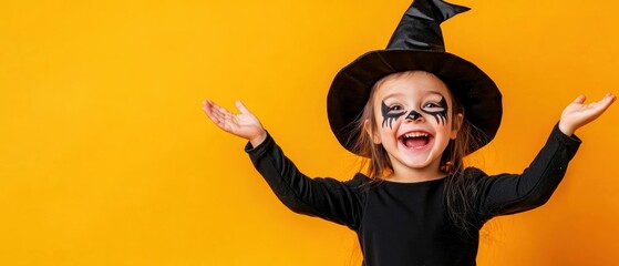 Cheerful child in a witch costume with face paint, celebrating Halloween against a bright orange background.