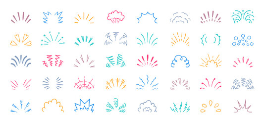 Doodle shine sunburst. Abstract retro sun rays elements with sparkle, decorative hand drawn sunburst for background design. Vector isolated set.eps