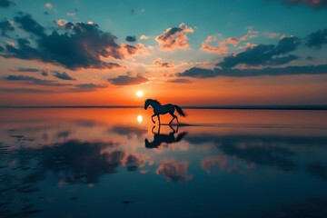Fototapeta premium Majestic horse silhouette against vibrant sunset on tranquil beach