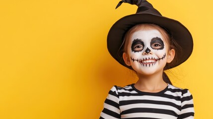 Cheerful young girl in a witch hat and spooky face paint celebrates Halloween against a bright yellow background.