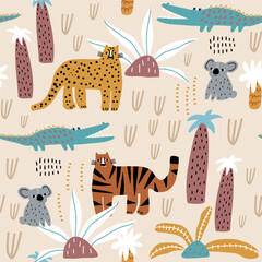 Seamless tropical pattern with tiger, cheetah, crocodile, koala and tropical florals . Childish jungle vector texture.