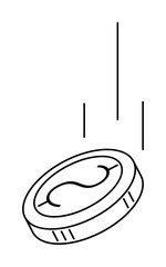 A coin is captured in mid-air with three lines indicating its falling motion. Ideal for financial topics, economic studies, decision-making, investments, and risk analysis. Line art style.