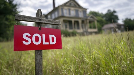 Fototapeta premium A red Sold sign in front of a rustic house in tall grass under a cloudy sky in rural area