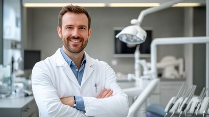 Fototapeta premium Friendly male dentist in a modern clinic smiling confidently while standing with arms crossed in a professional white coat.