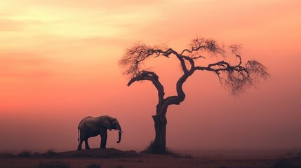 Obraz premium A surreal image of a lone elephant sitting atop a bare tree, bathed in soft sunset light, evoking a deep sense of loneliness. Focus on the elephant. No people.