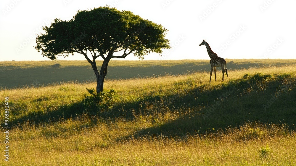 Poster a tall tree in a grassy field, its shadow blending with the shadow of a giraffe, both illuminated by